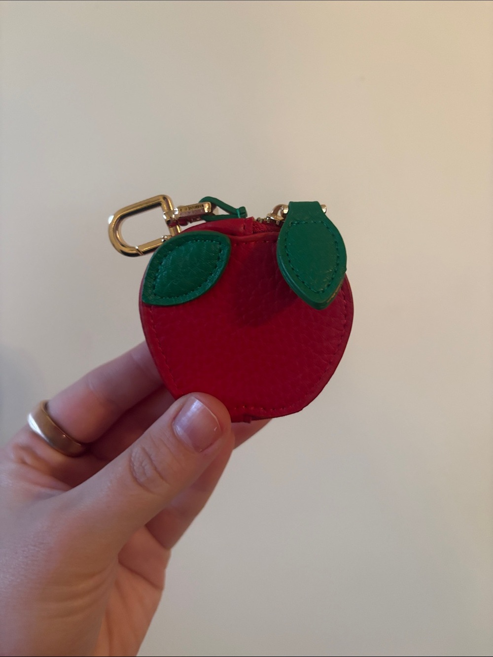 Red Apple Leather Key Charm with Green Leaves